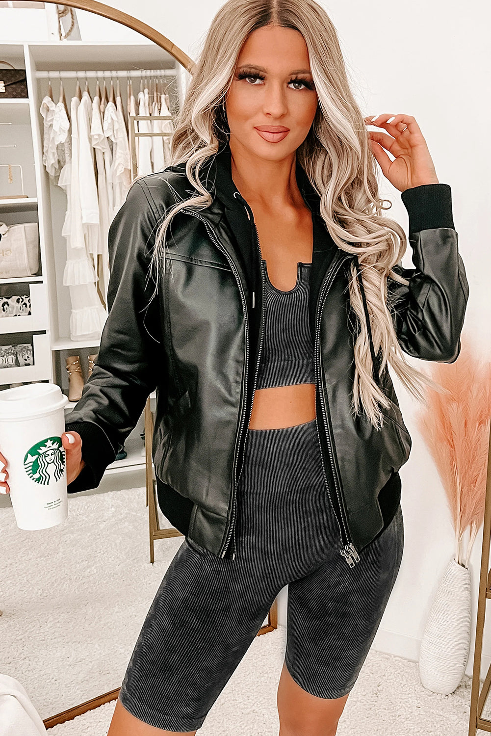 Black Faux Leather Patchwork Hooded Zip up Jacket