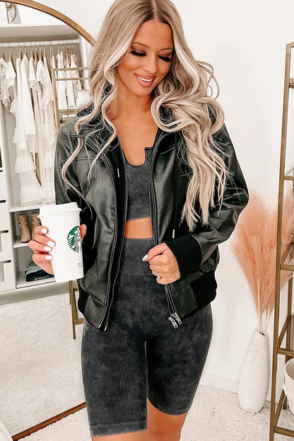 Black Faux Leather Patchwork Hooded Zip up Jacket