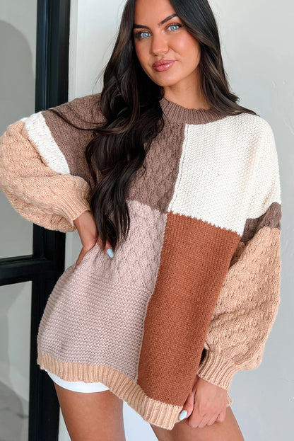 Coffee Mix Texture Colorblock Knit Baggy Sweater