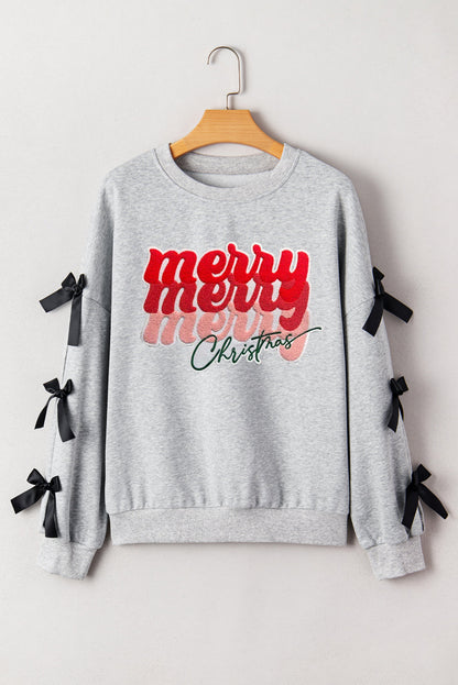Merry Christmas Letter Graphic Ribbon Bow Split Sleeve Baggy Sweatshirt