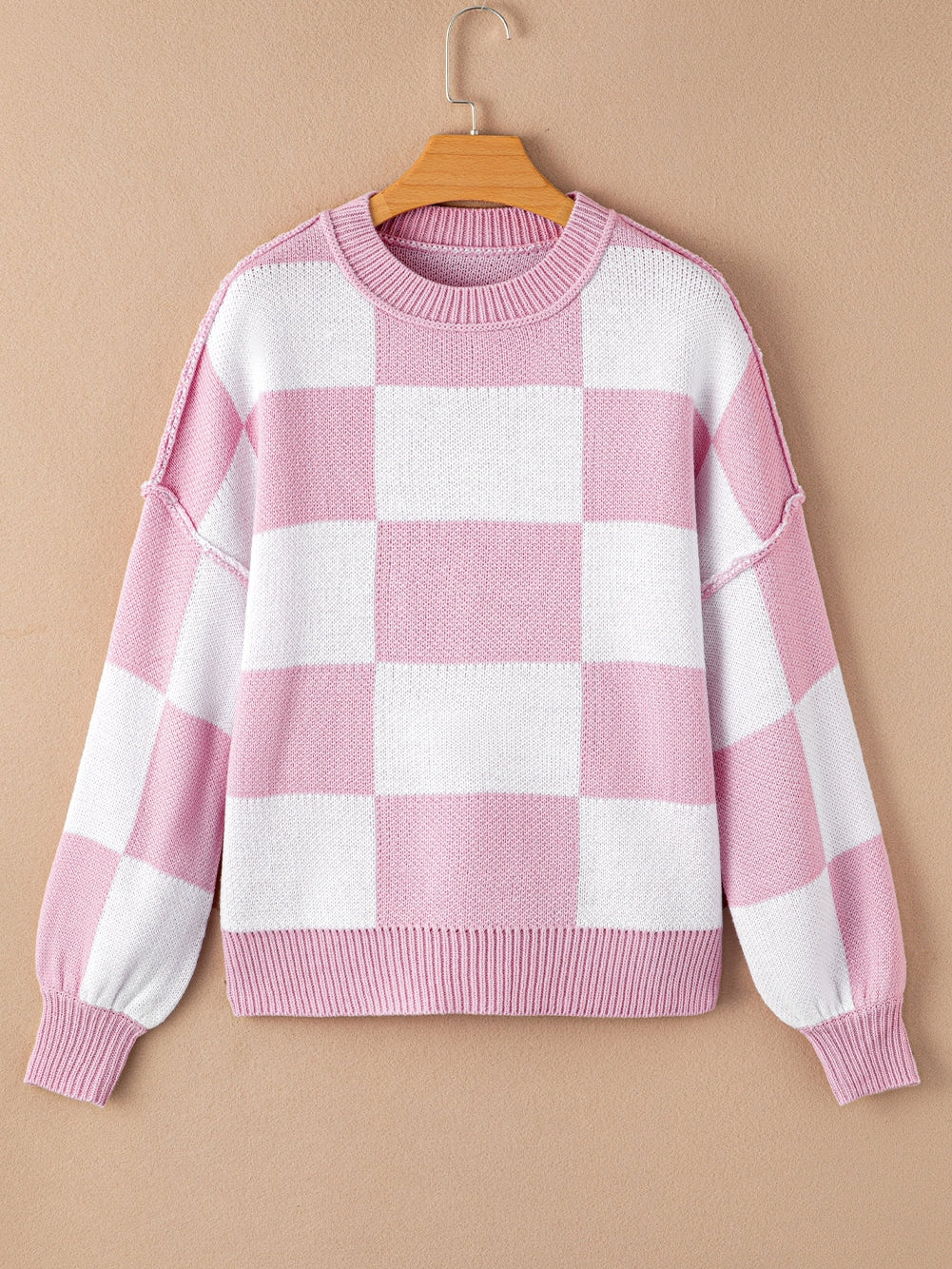 Elegant Pink Plaid Bishop Sleeve Knit Sweater