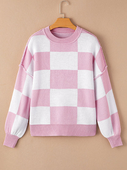 Elegant Pink Plaid Bishop Sleeve Knit Sweater