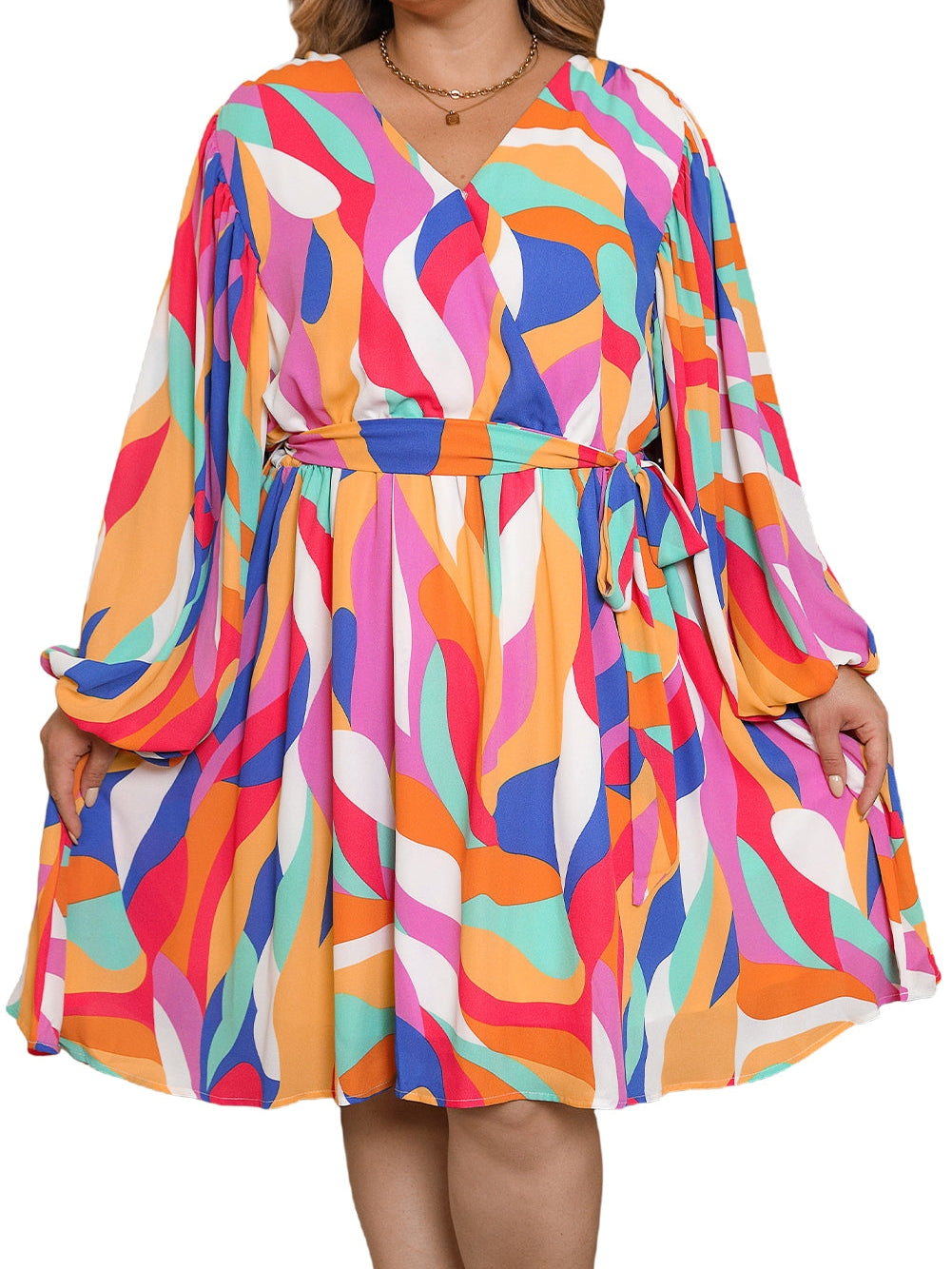 Vibrant Multicolor Abstract Print Plus Size Belted Shift Dress