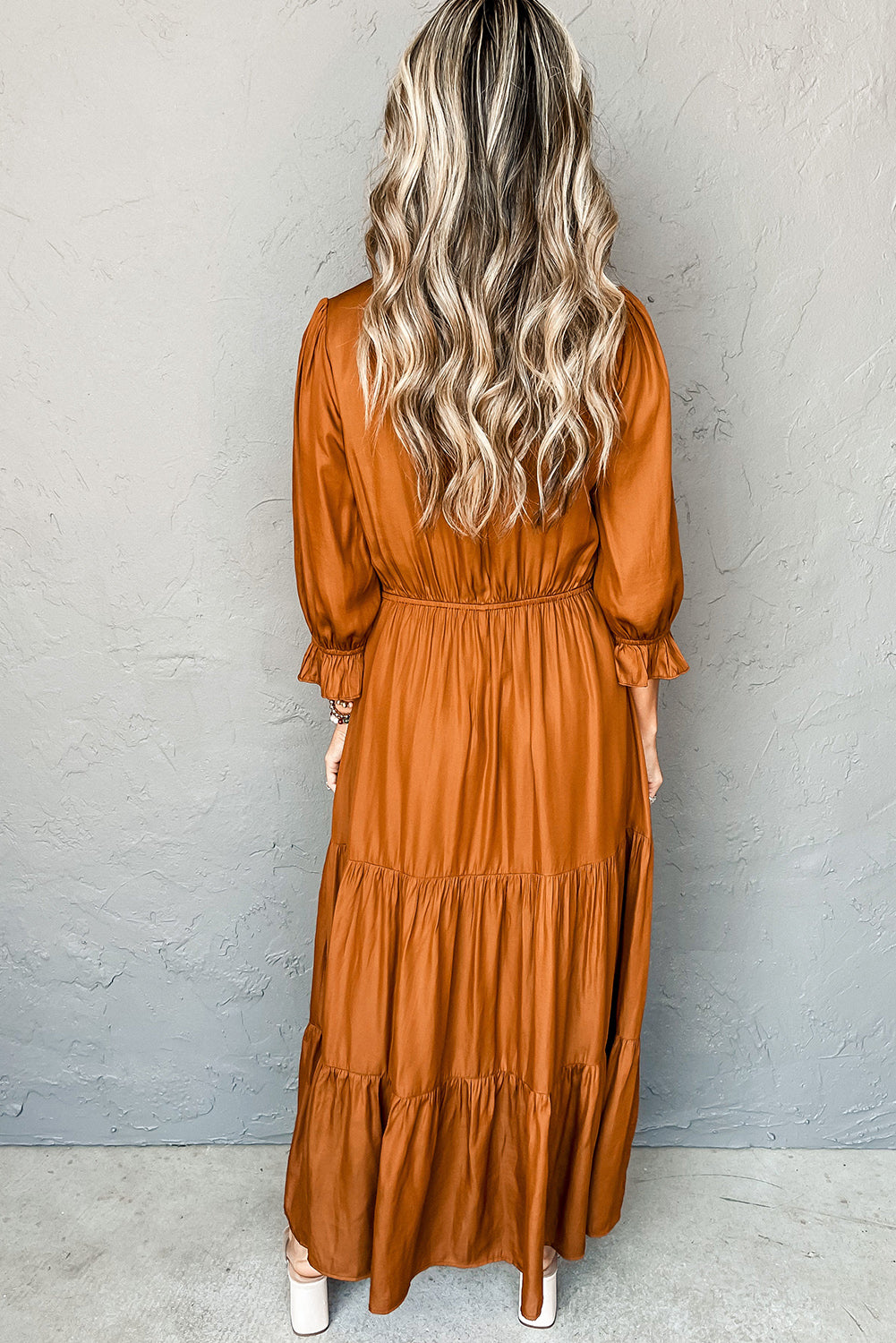 Gold Flame Flounce Bracelet Sleeve V Neck Tiered Maxi Dress