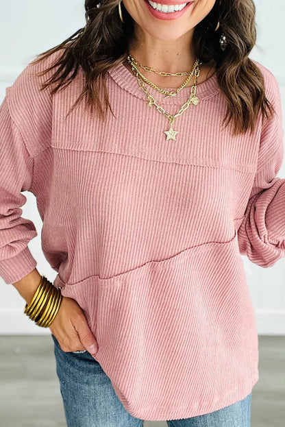Blossom Solid Color Ribbed Knit Exposed Seam Patchwork Long Sleeve Top