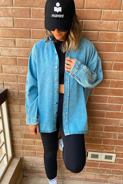 Light Blue Contrast Panel Patchwork Button Down Boyfriend Style Denim Jacket