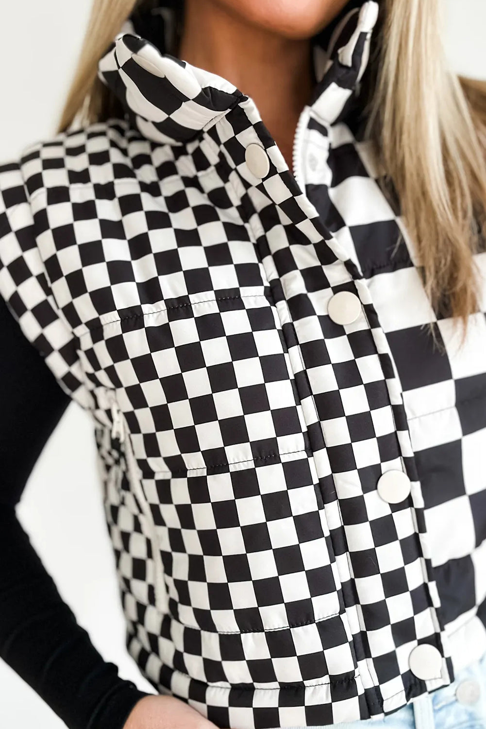 Black Mixed Checkerboard Stitched Zip Up Stand Neck Snap Button Vest