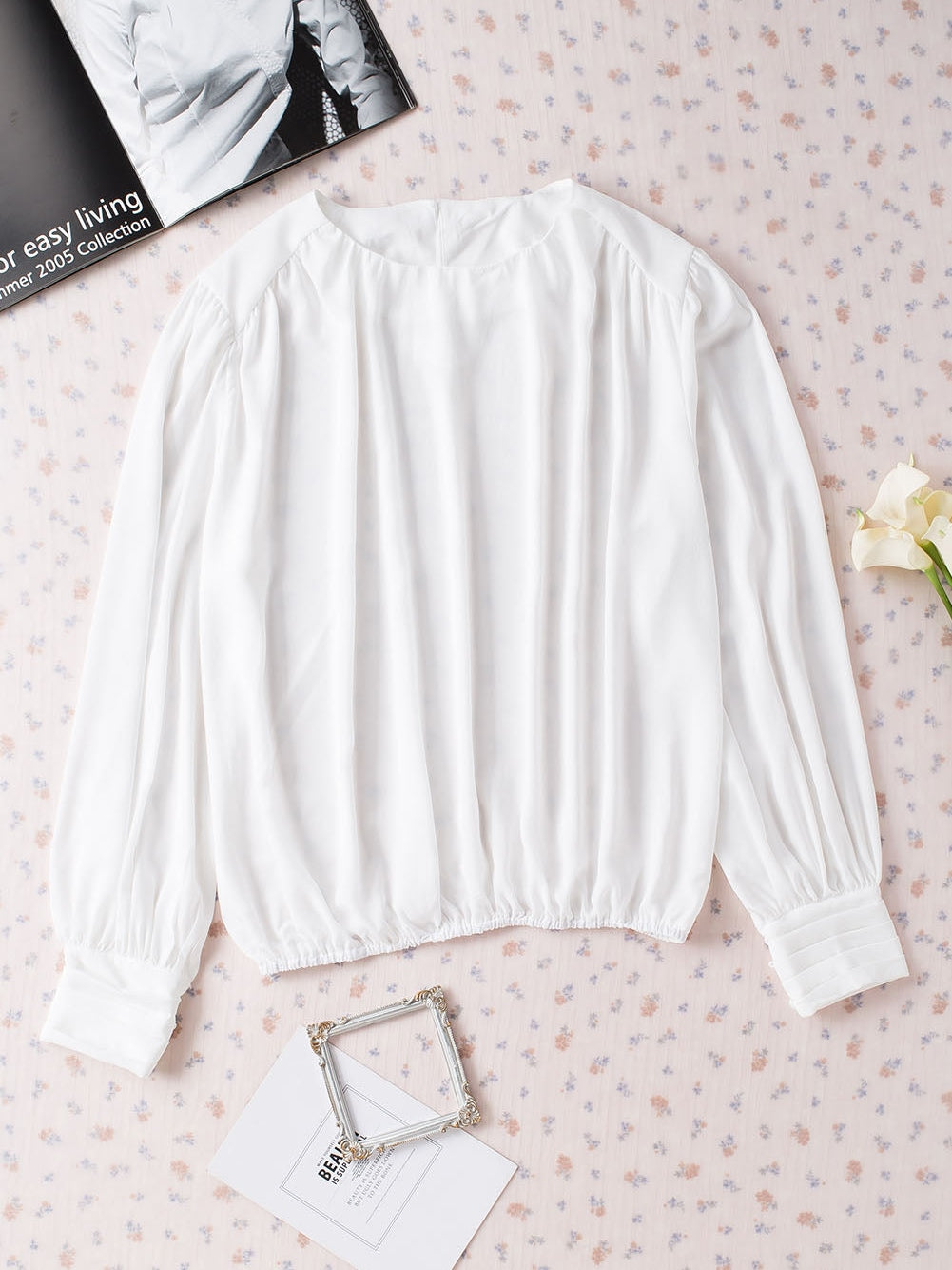 Elegant White Pleated Blouse with Puff Sleeves