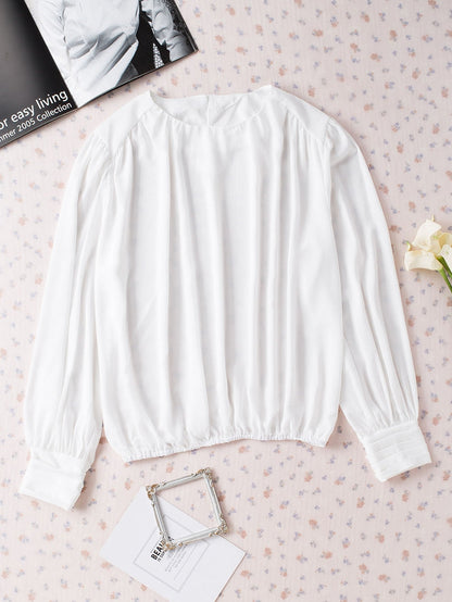 Elegant White Pleated Blouse with Puff Sleeves