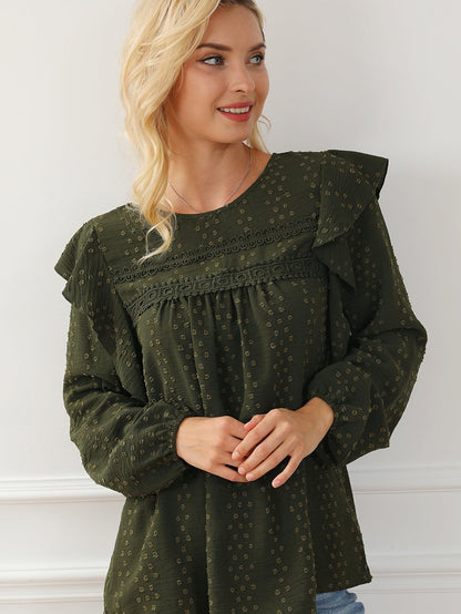 Elegant Green Lace Eyelet Shoulder Ruffle Long Sleeve Top