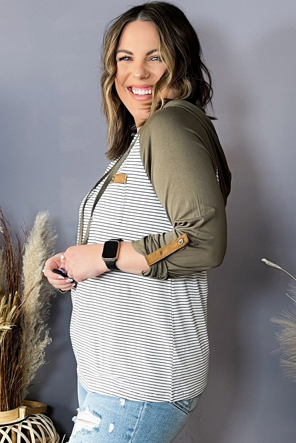 Green Striped Plus Size Hoodie with Raglan Sleeves and Buttoned Pocket