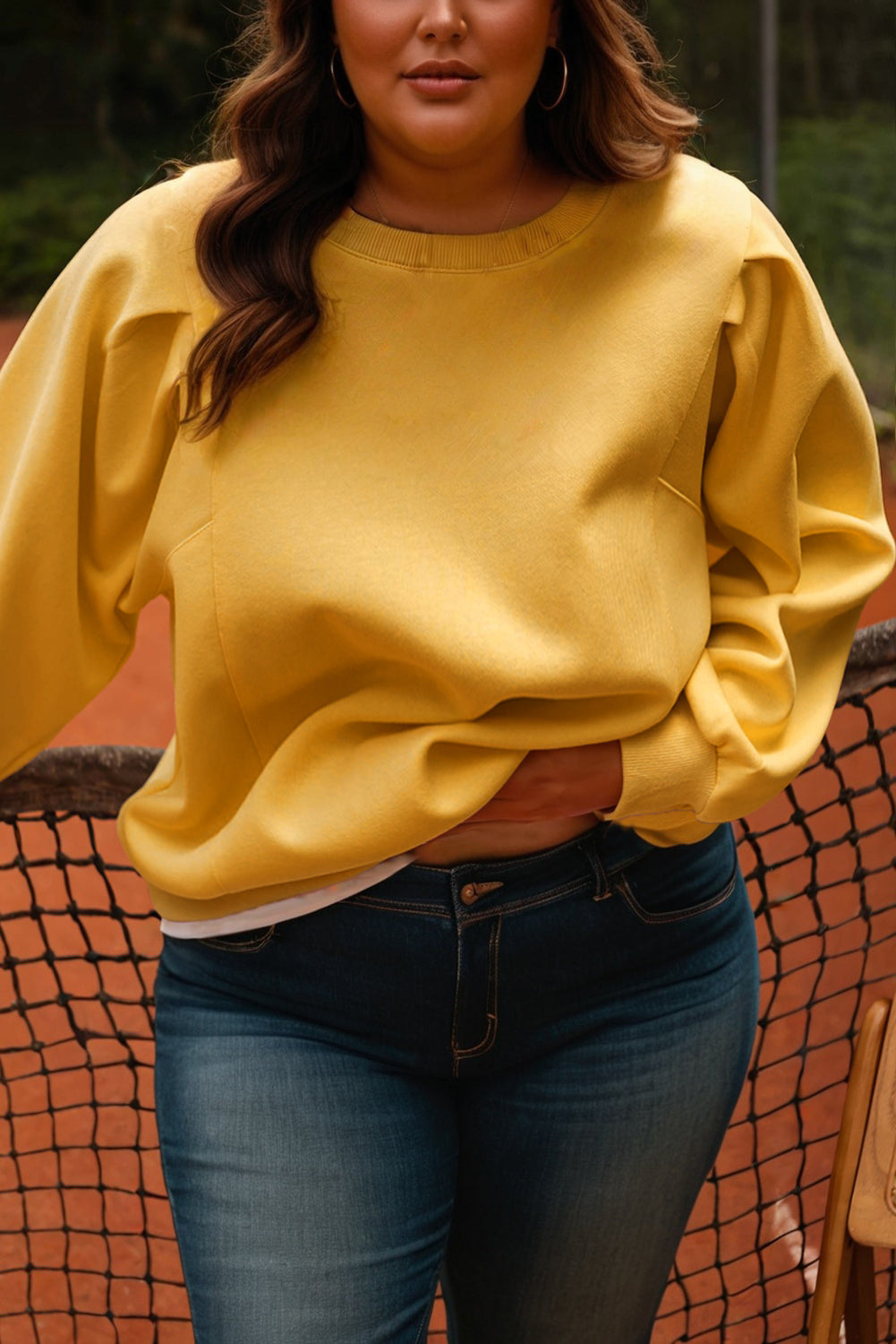 Citrus Solid Color Pleated Sleeve Patchwork Plus Size Sweatshirt