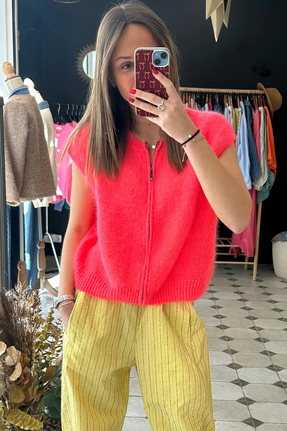 Coral Paradise Ribbed Trim Crew Neck Zip Up Sweater Vest