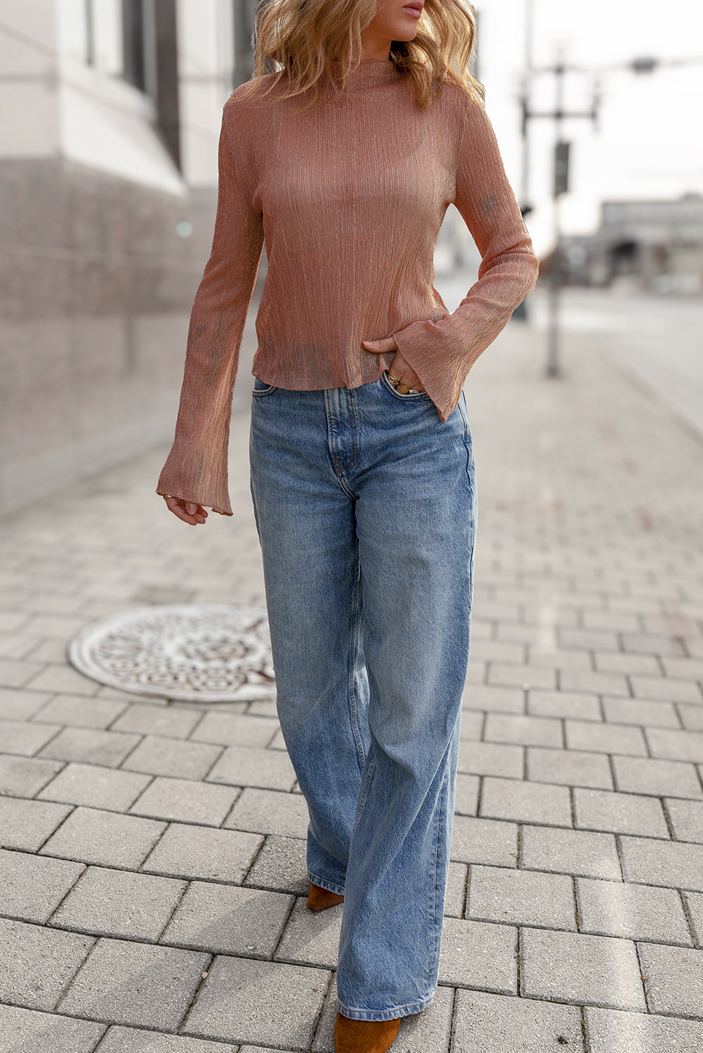 Clay Semi Sheer Textured Mock Neck Long Sleeve Top