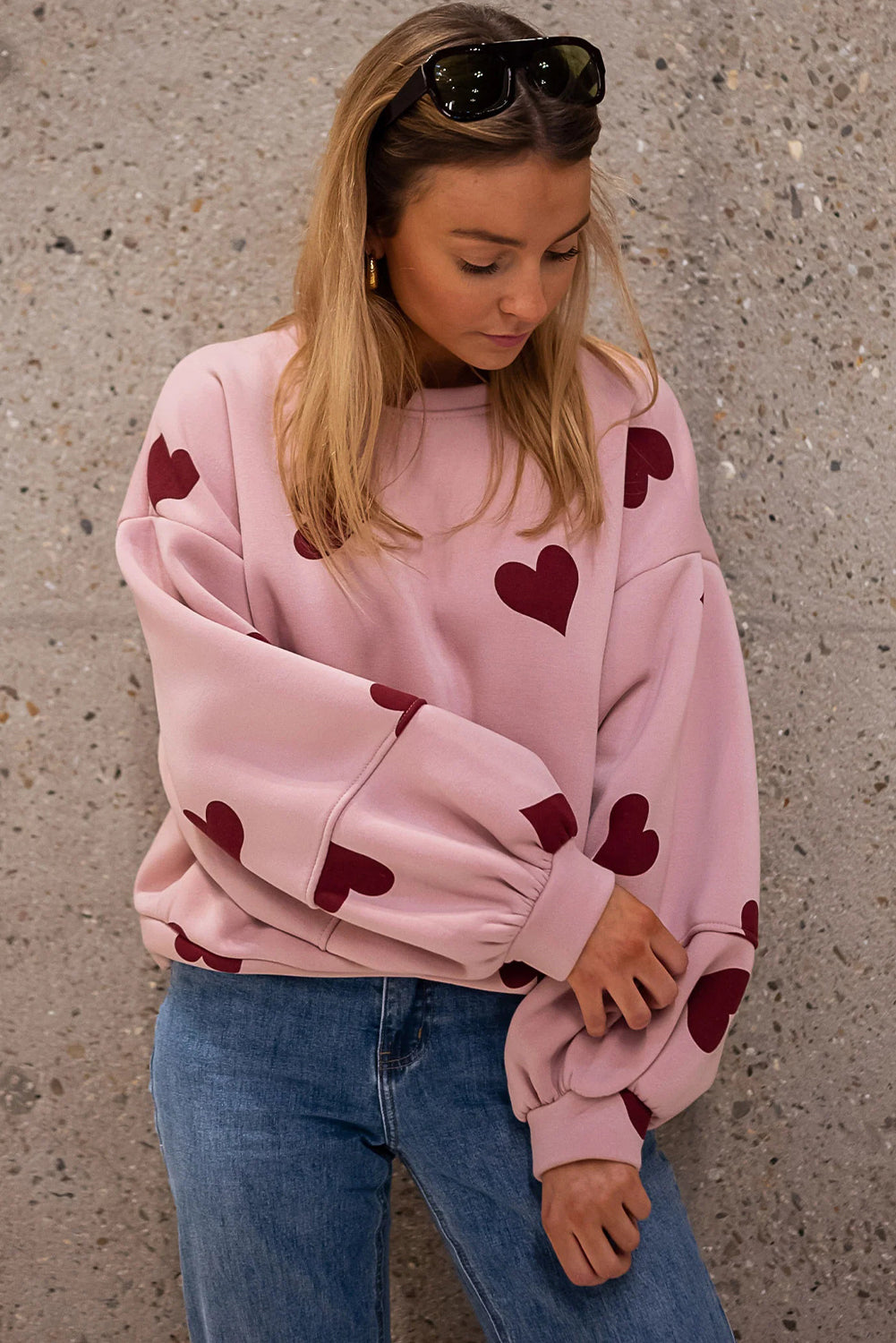 Pink Sweat Heart Print Patchwork Puff Sleeve Oversize Sweatshirt