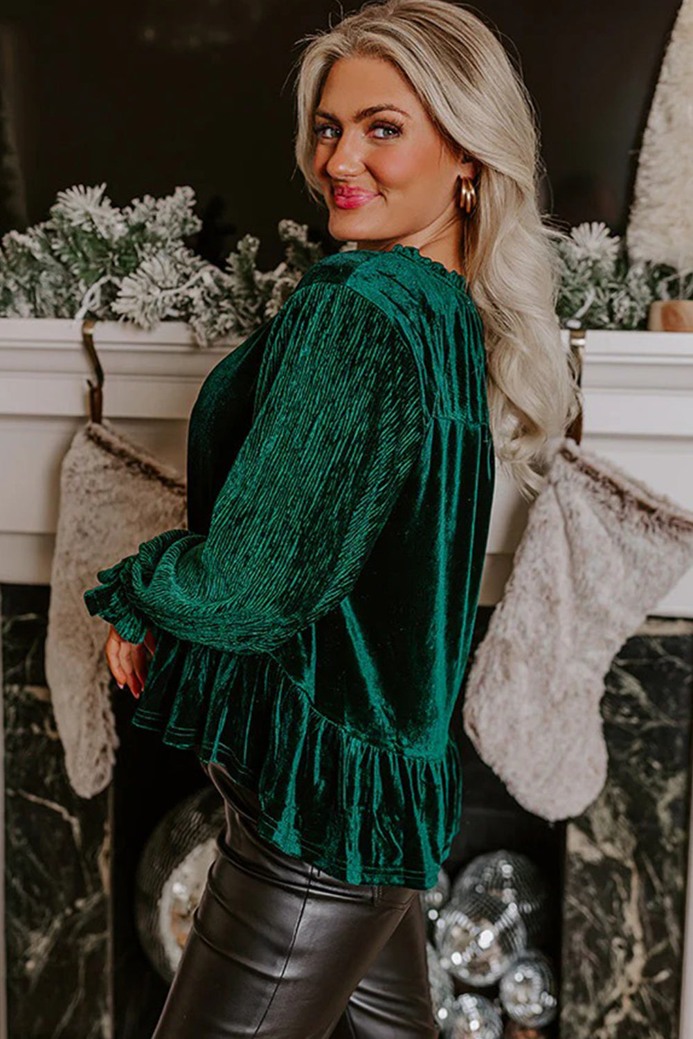 Evergreen Velvet Ribbed Puff Sleeve Tie Split Neck Peplum Blouse