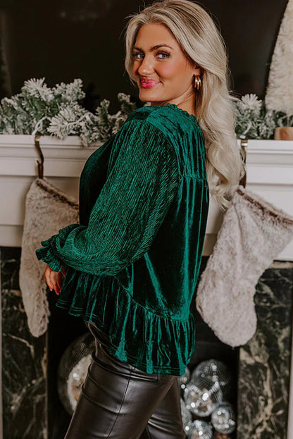 Evergreen Velvet Ribbed Puff Sleeve Tie Split Neck Peplum Blouse