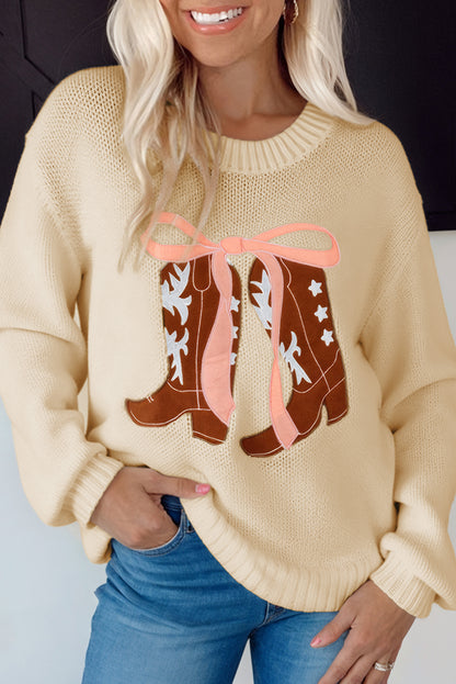Apricot Embroidered Bow Boots Graphic Drop Shoulder Sweater