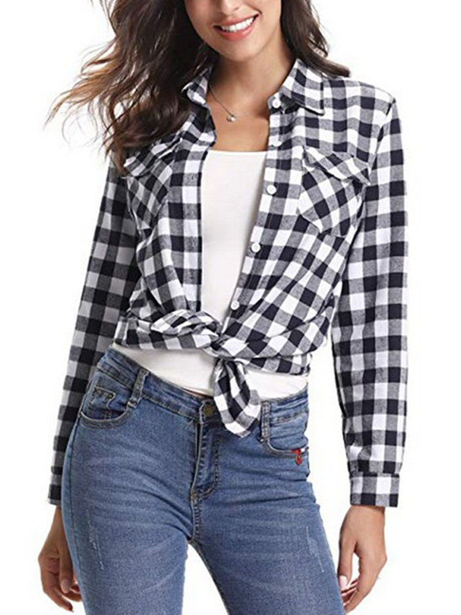 Blouses - Saint Patrick's Day Roll Up Long Sleeves Buttoned Up Plaids Blouse - MsDressly