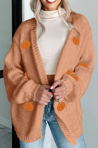 Straw Yellow Pumpkin Print Open Front Drop Shoulder Midi Cardigan