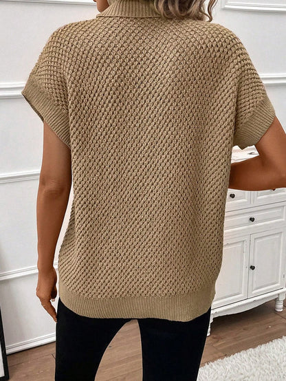 Elegant Pale Khaki Turtleneck Textured Short Sleeve Jumper