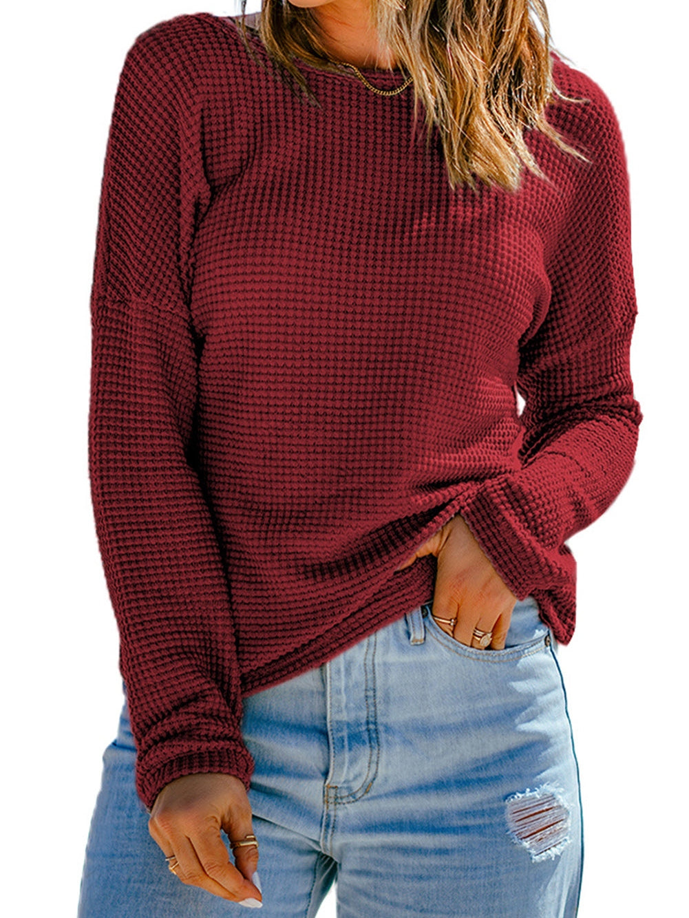 Fiery Red Waffle Knit Drop Sleeve Casual Top