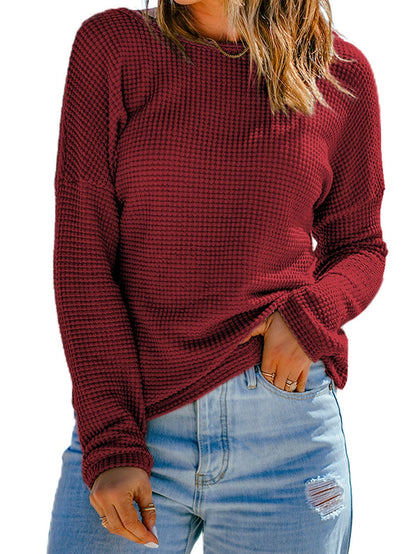 Fiery Red Waffle Knit Drop Sleeve Casual Top
