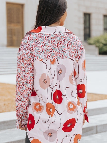 Fiery Red Floral Patchwork Button-Up Blouse with Front Pocket