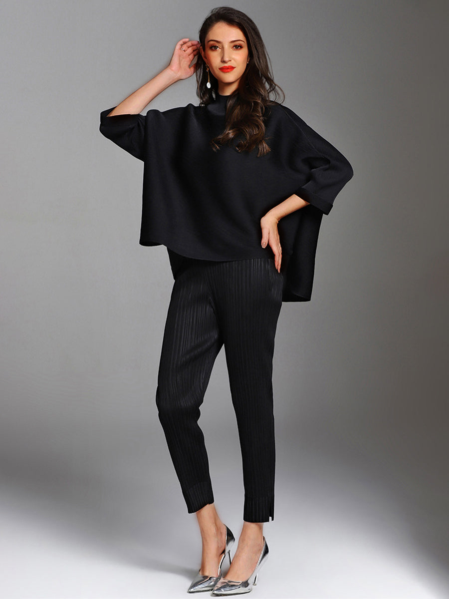 T-Shirts - Solid Color Pleated Turtleneck Loose T-Shirt - MsDressly