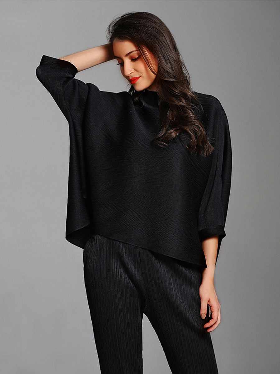T-Shirts - Solid Color Pleated Turtleneck Loose T-Shirt - MsDressly