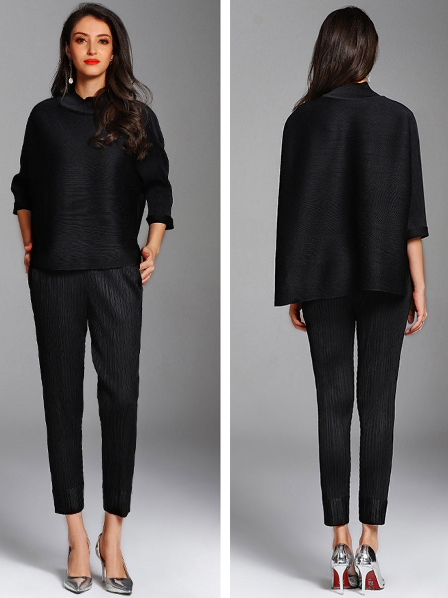 T-Shirts - Solid Color Pleated Turtleneck Loose T-Shirt - MsDressly