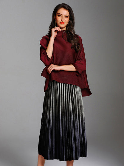 T-Shirts - Solid Color Pleated Turtleneck Loose T-Shirt - MsDressly