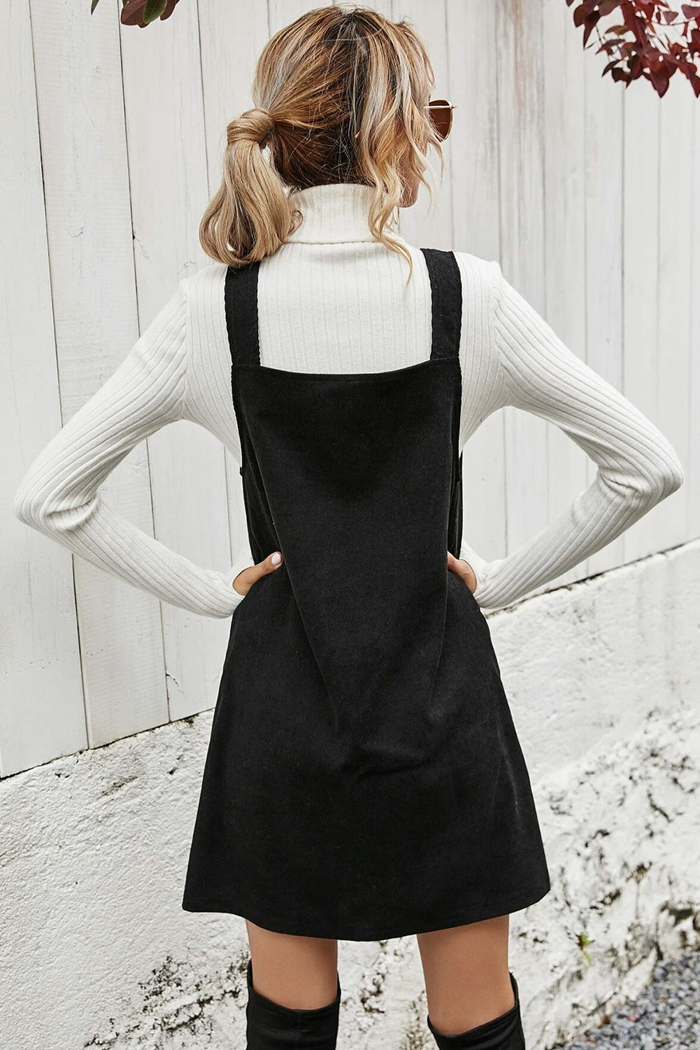 Black V Neck Button Front Sleeveless Corduroy Mini Dress