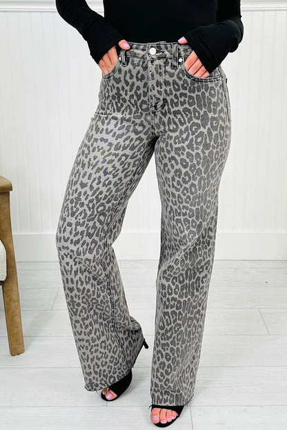 High-rise Leopard Print Tummy Control Raw Hem Jeans