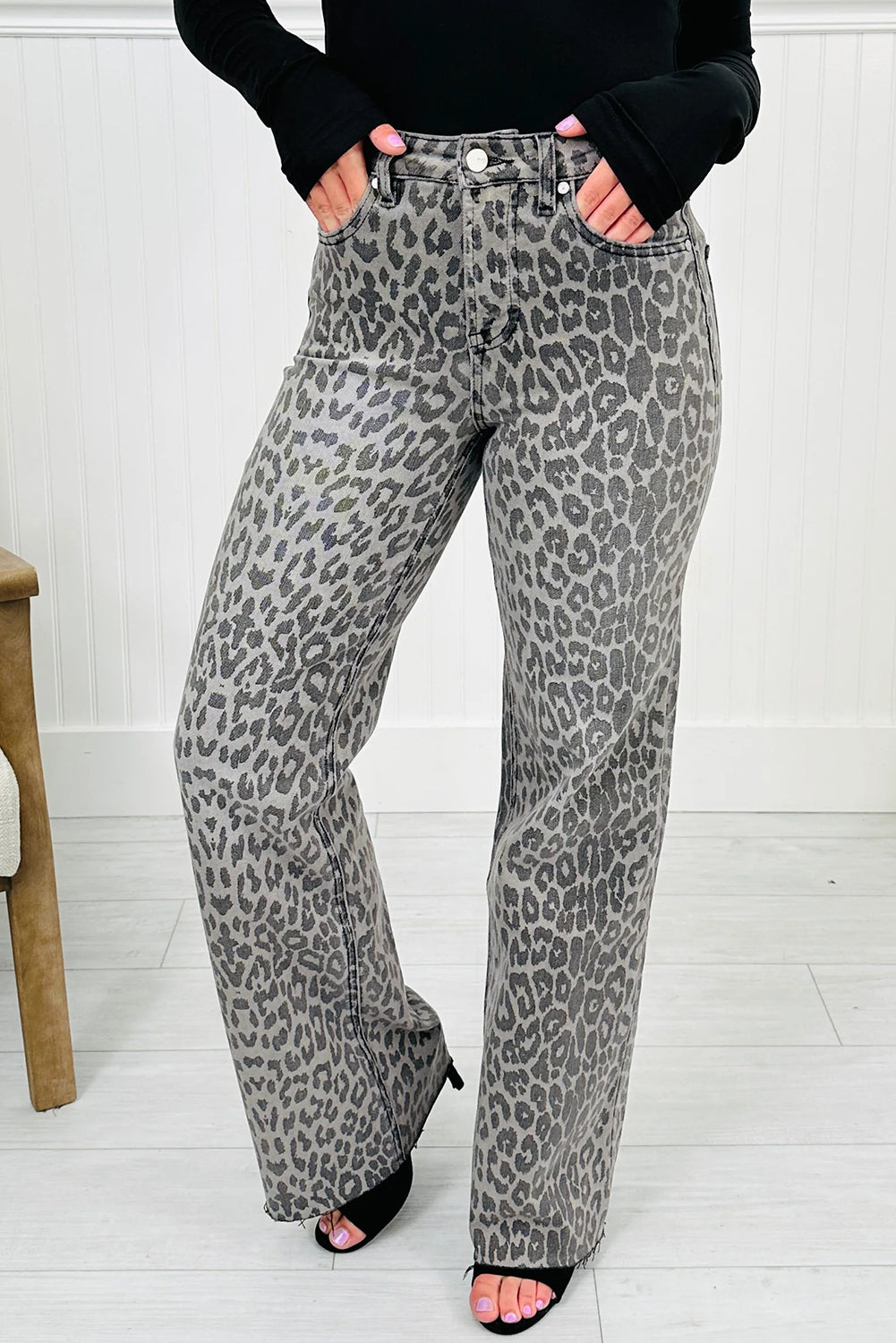 High-rise Leopard Print Tummy Control Raw Hem Jeans