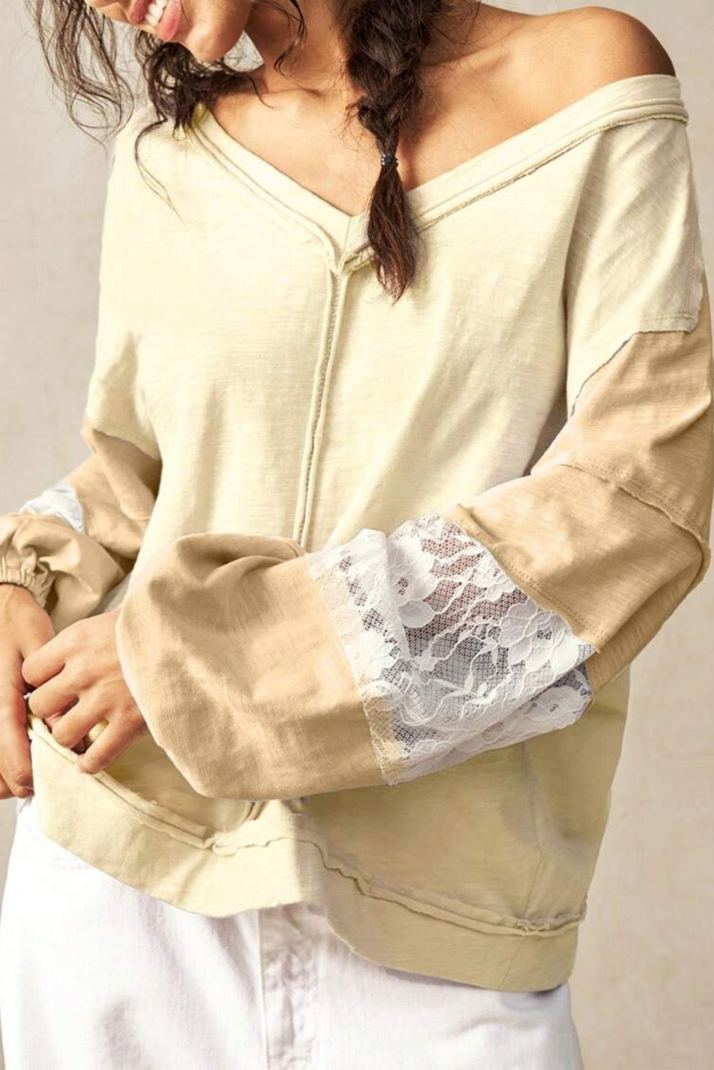 Yellow Cream Exposed Seam Color Block Lace Patchwork Long Sleeve V Neck Loose Top