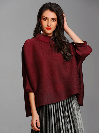 T-Shirts - Solid Color Pleated Turtleneck Loose T-Shirt - MsDressly