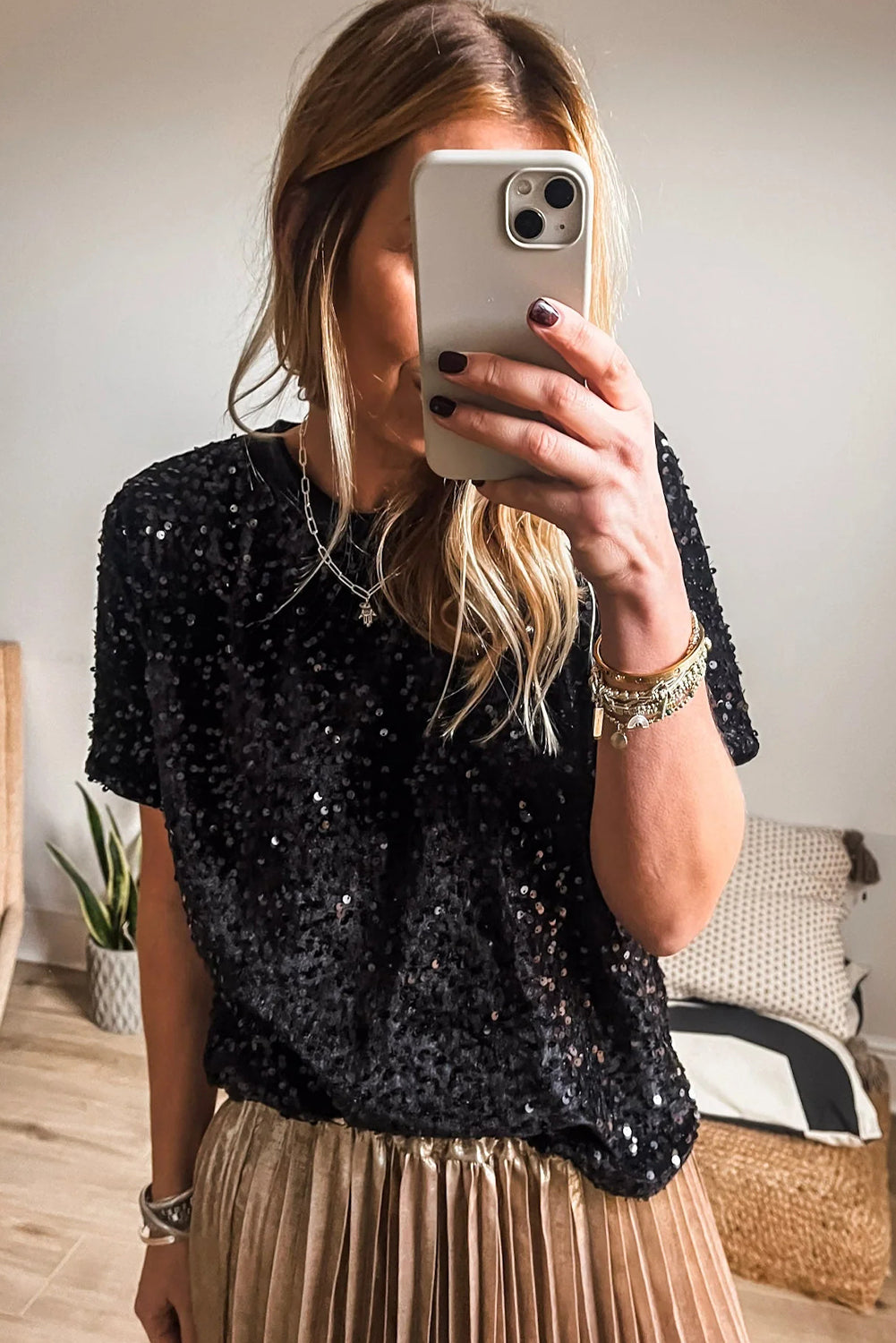 Black Sequin Holiday Crew Neck Sparkly T-Shirt