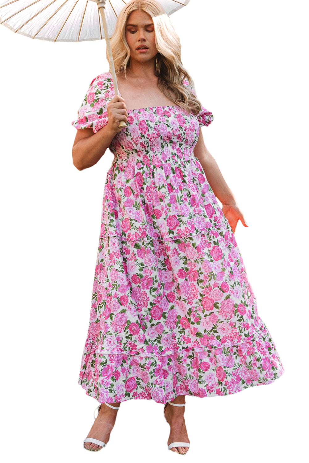 Elegant Pink Floral Smocked Puff Sleeve Maxi Dress