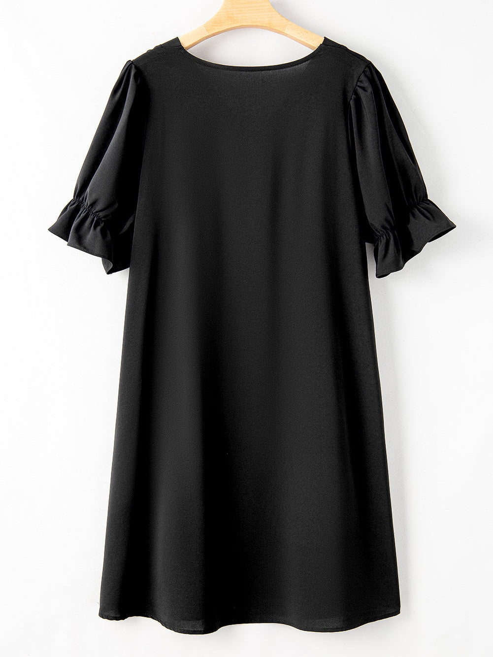 Black Solid Ruffled Puff Sleeve V Neck Plus Size Mini Dress