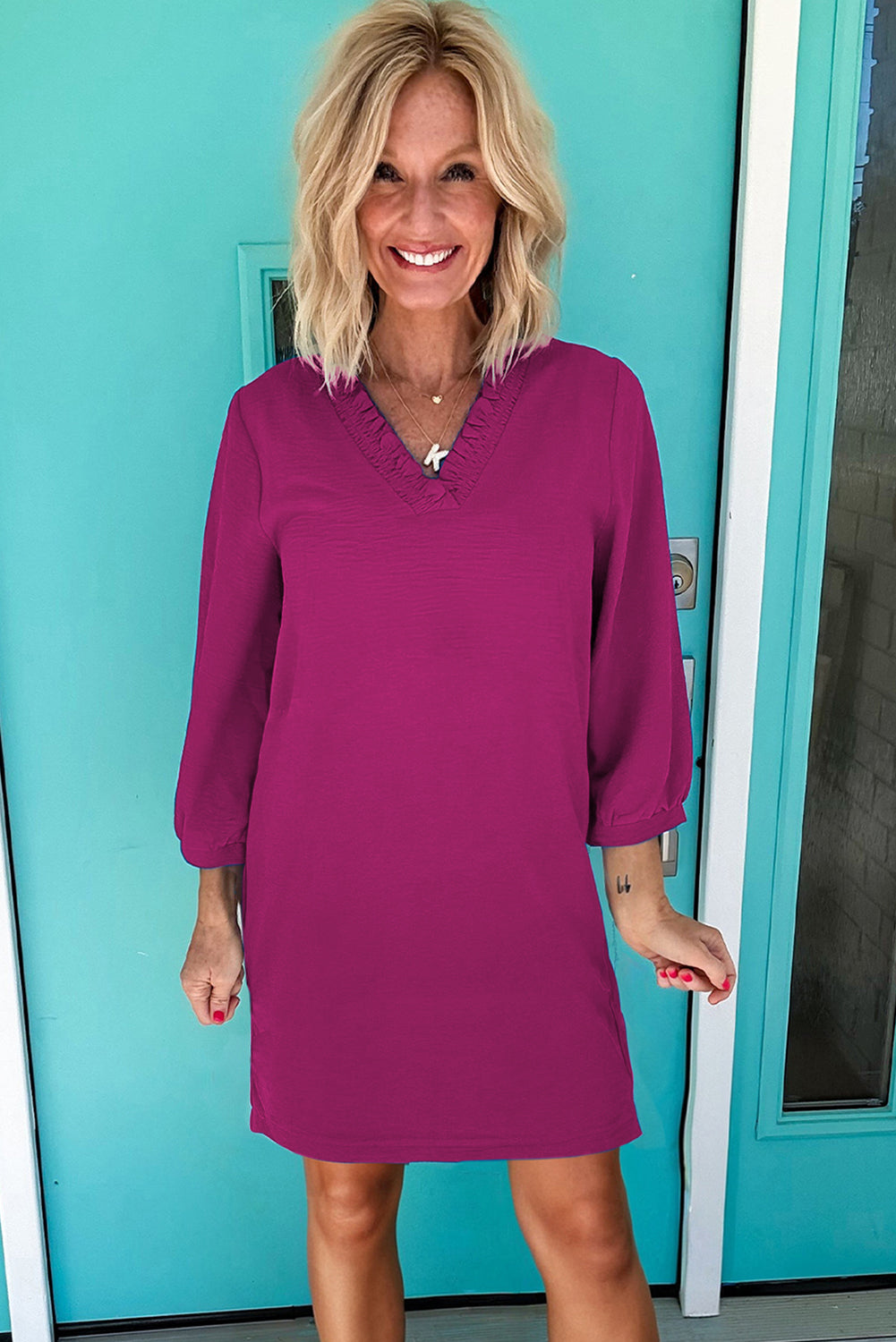 Festival Fuchsia Frilled V Neck Bracelet Sleeve Shift Mini Dress