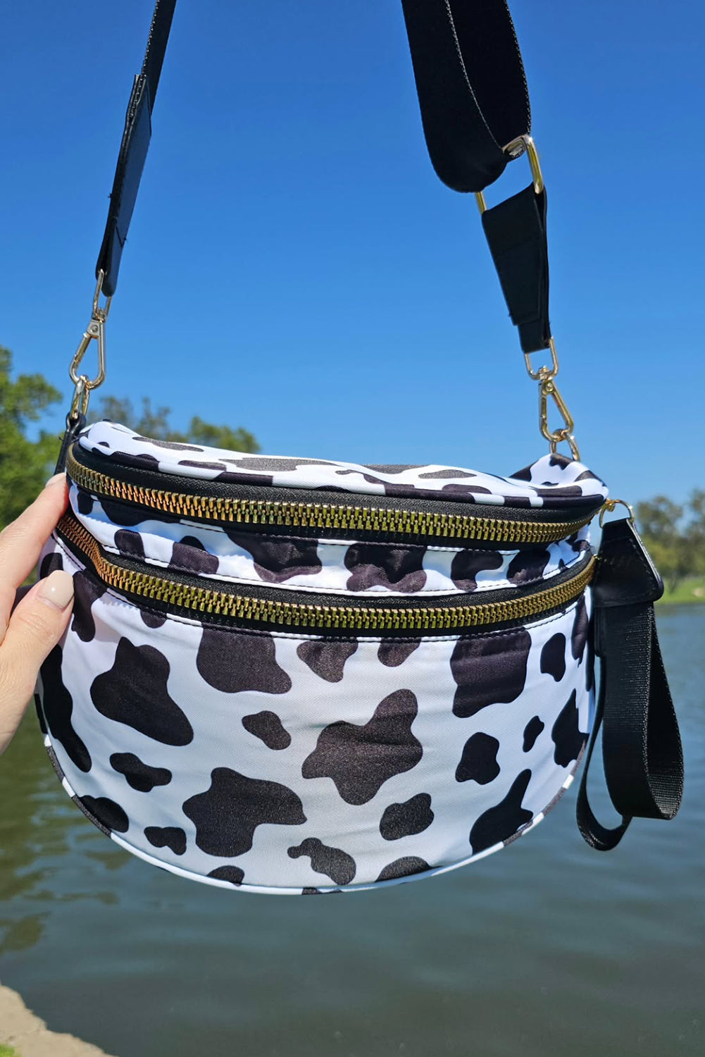 Black white Animal Spots Print Wide Strap Large Crossbody Bag