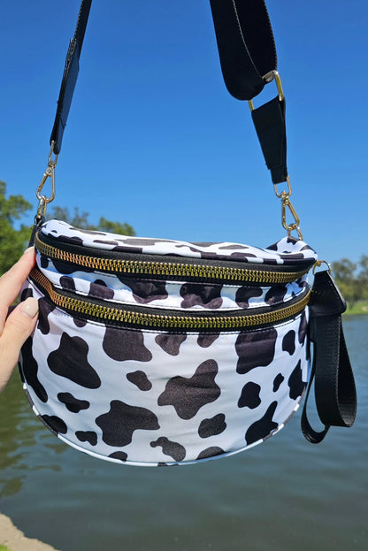 Black white Animal Spots Print Wide Strap Large Crossbody Bag