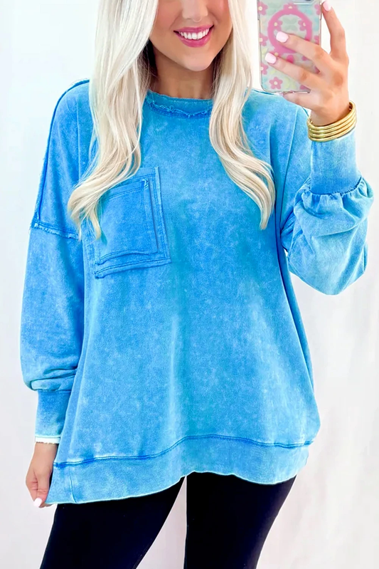 Blue Mineral Wash Raw Seam Double Patched Pocket Drop Shoulder Sweatshirt