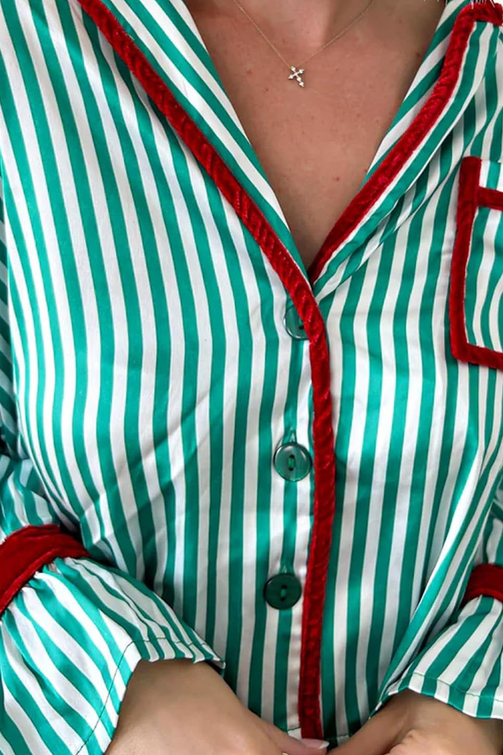 Green Stripe Contrast Velvet Trim Bow Knot Waist 2pcs Pajama Set