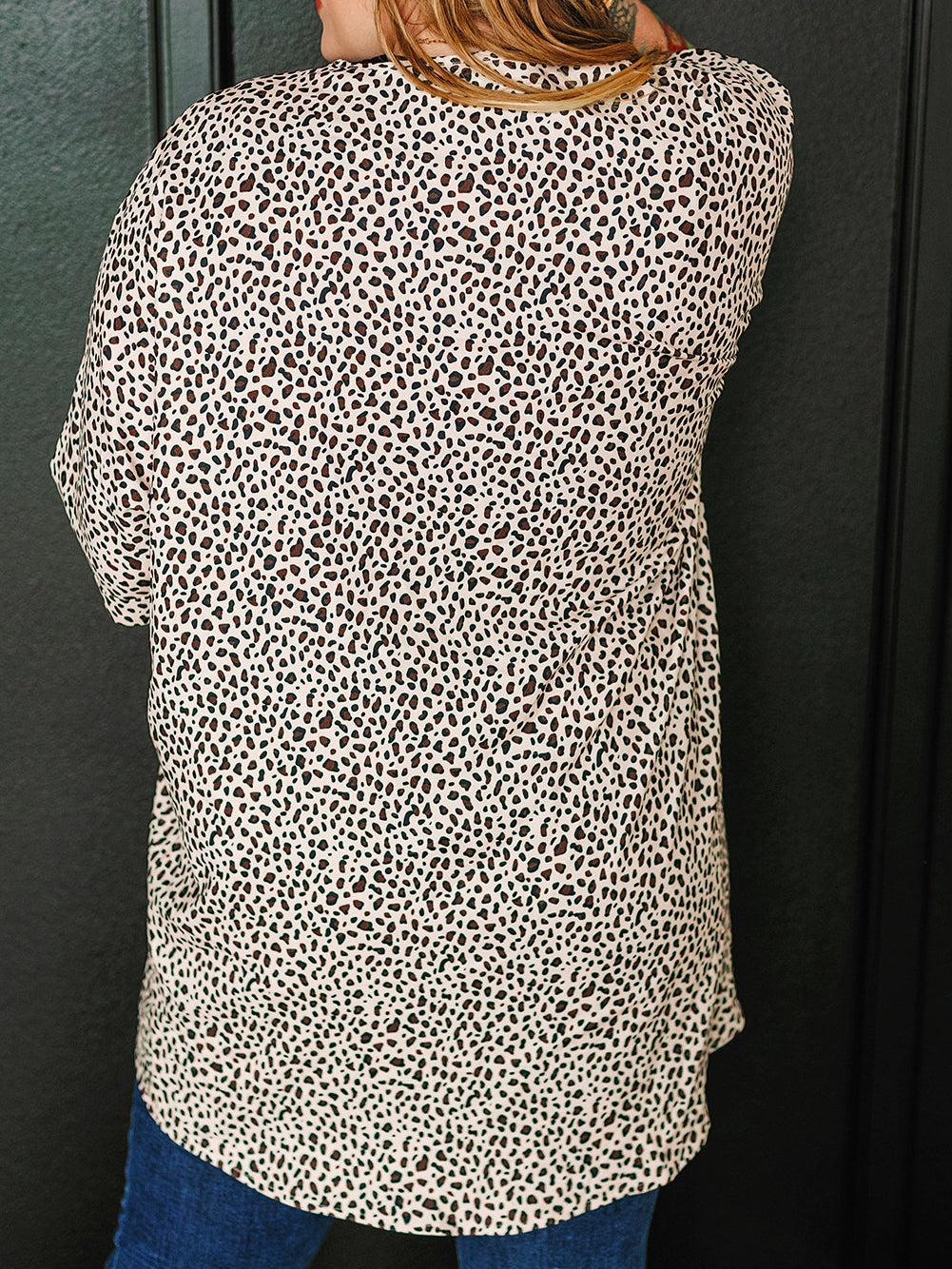 Leopard Print Khaki Plus Size Open Front Cardigan with Half Sleeves