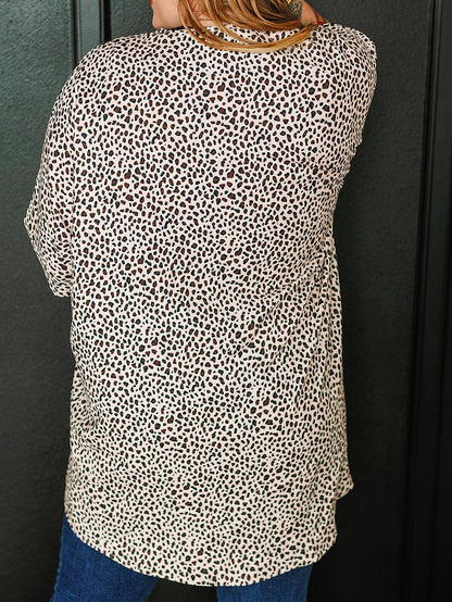 Leopard Print Khaki Plus Size Open Front Cardigan with Half Sleeves