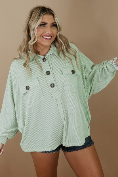 Sage Oversized Ribbed Henley Top with Pockets
