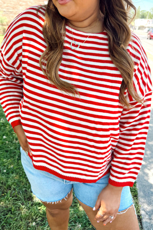 Red Stripe Drop Shoulder Round Neck Plus Sweater