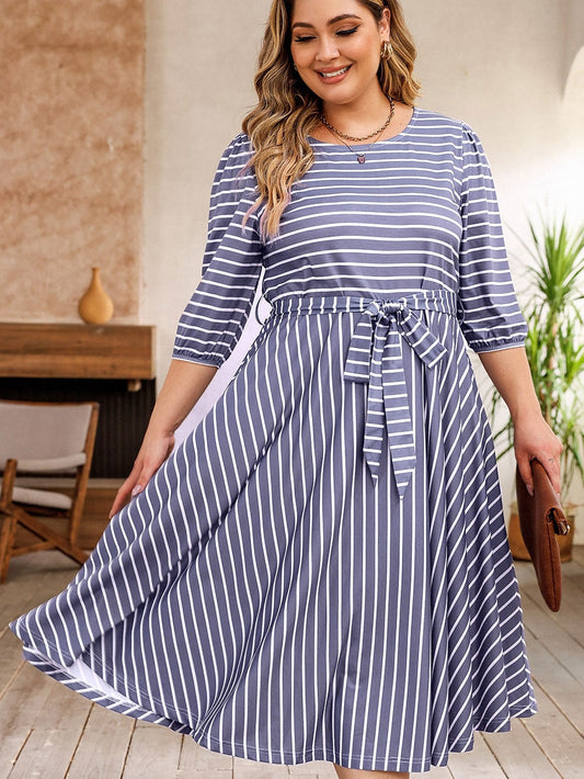 Elegant Gray Striped Tie Waist Midi Dress for Plus Size Women